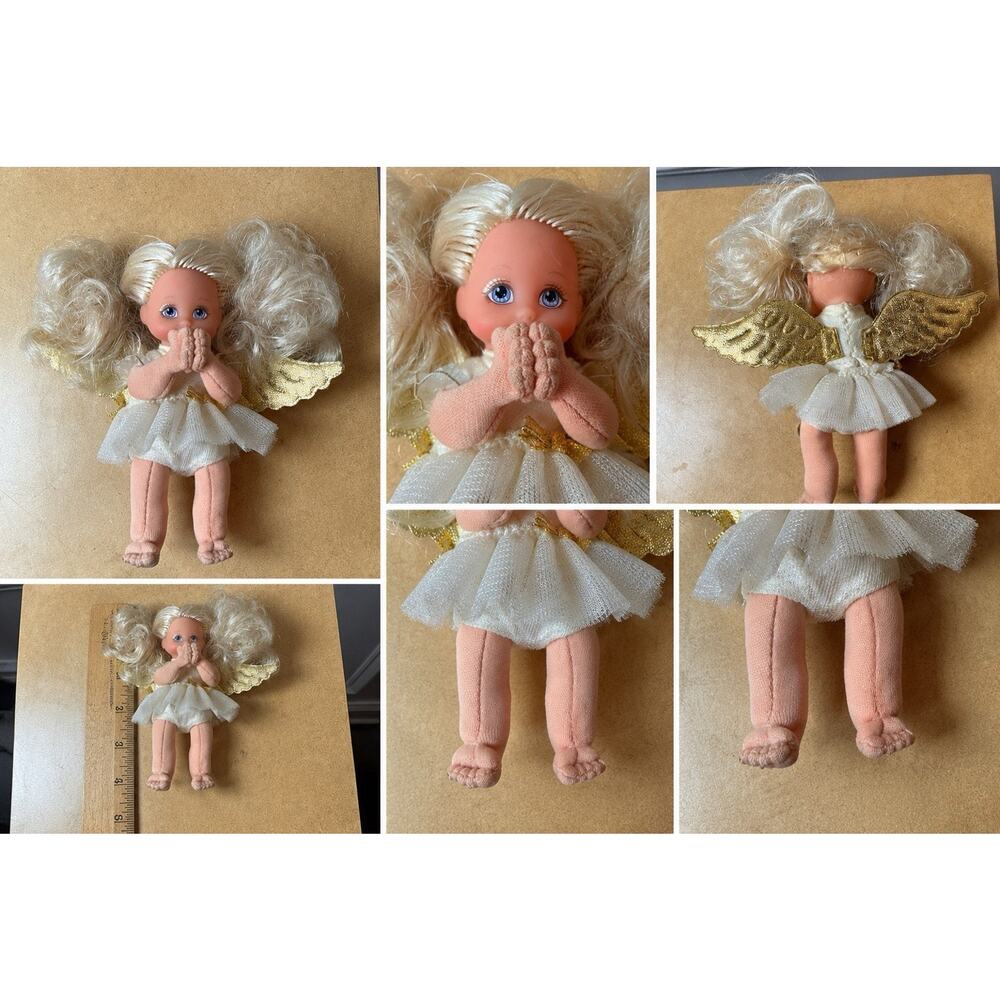 Vintage Small Praying Angel Doll Blonde Gold Wings Cloth Body 5” Cute